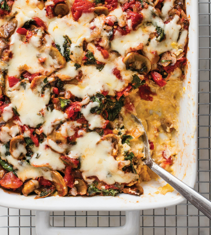 Rustic Polenta Casserole with Mushrooms and Swiss Chard
